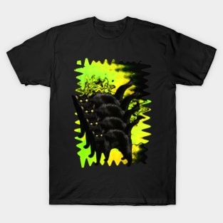 Psychedelic Black Cat Funny Spooky Acid Green Melty colorful background surreal collage T-Shirt